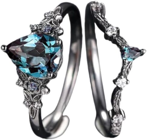 Teardrop Blue Sapphire Ring Set for Women, Elegant Floral Stackable Rings, Luxury CZ Blue Gemstone Jewelry, Stylish and Modern Rings for Everyday or Occasions, Size 5-11 Size 11 in Kuwait