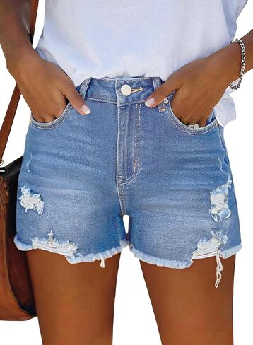 Jean Shorts for Women Casual Mid-Waisted Distressed Stretchy Denim Short Ripped Frayed Hem Summer Jorts in Kuwait