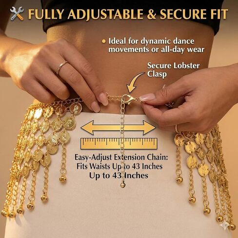 حزام وشاح الورك للرقص الشرقي على شكل عملات معدنية - تنانير سلسلة الخصر على شكل عملات ذهبية قابلة للتعديل للهالوين، زي in Kuwait