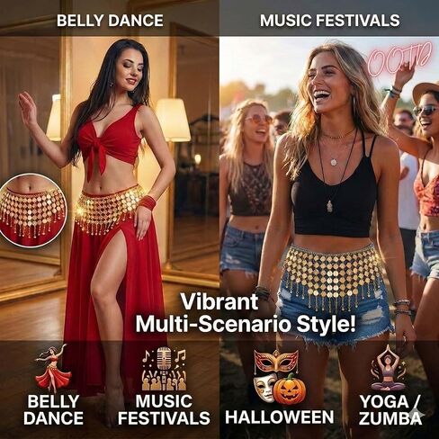 حزام وشاح الورك للرقص الشرقي على شكل عملات معدنية - تنانير سلسلة الخصر على شكل عملات ذهبية قابلة للتعديل للهالوين، زي in Kuwait