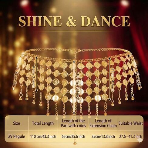 حزام وشاح الورك للرقص الشرقي على شكل عملات معدنية - تنانير سلسلة الخصر على شكل عملات ذهبية قابلة للتعديل للهالوين، زي in Kuwait