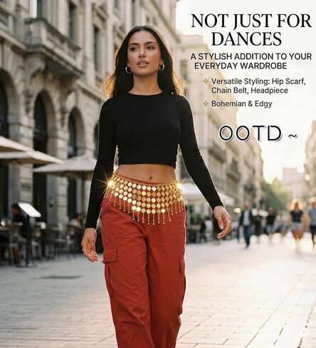 حزام وشاح الورك للرقص الشرقي على شكل عملات معدنية - تنانير سلسلة الخصر على شكل عملات ذهبية قابلة للتعديل للهالوين، زي in Kuwait