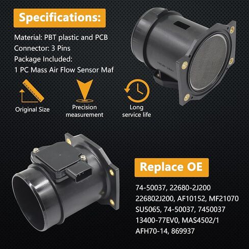 Mass Air Flow Sensor for Infiniti QX4 V6 3.3L 1997 / Nissan Pathfinder 3.3L V6 1996-1997 Replaces OE# 74-50037 22680-2J200 226802J200 AF10152 MF21070 in Saudi Arabia