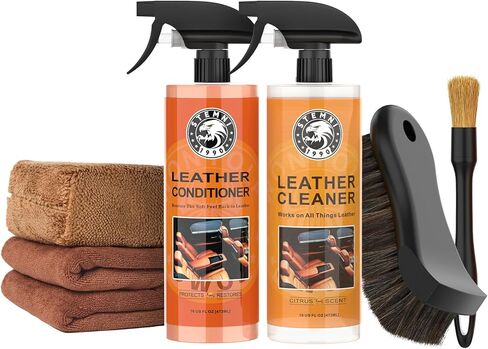 مجموعة منظف وبلسم الجلود، مجموعة العناية بالجلد مع فرشاة تنظيف شعر الحصان - آمنة للديكور الداخلي للسيارة والأثاث والأحذية والأحذية والحقائب والملابس - تنظيف عميق، مرمم غير دهني in Kuwait