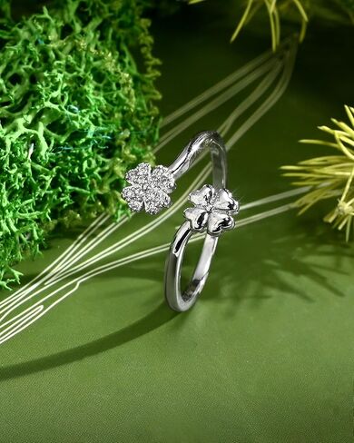 خواتم فضية مزدوجة محظوظة بأربع أوراق البرسيم مفتوحة بحلقة قابلة للتعديل للنساء في عيد القديس باتريك in Kuwait