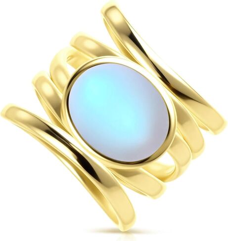 Natural Stone Ring,Yellow Gold Plated Oval Genuine Crystal Quartz Gemstone Multi Lines Full Finger Wide Band Statement Chunky Band Ring for Women in Saudi Arabia