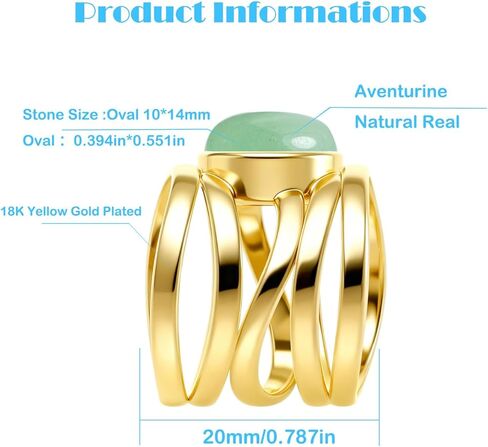 Natural Stone Ring,Yellow Gold Plated Oval Genuine Crystal Quartz Gemstone Multi Lines Full Finger Wide Band Statement Chunky Band Ring for Women in Saudi Arabia