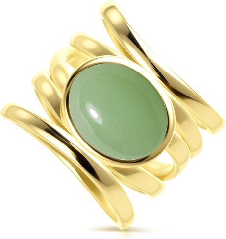 Natural Stone Ring,Yellow Gold Plated Oval Genuine Crystal Quartz Gemstone Multi Lines Full Finger Wide Band Statement Chunky Band Ring for Women in Saudi Arabia