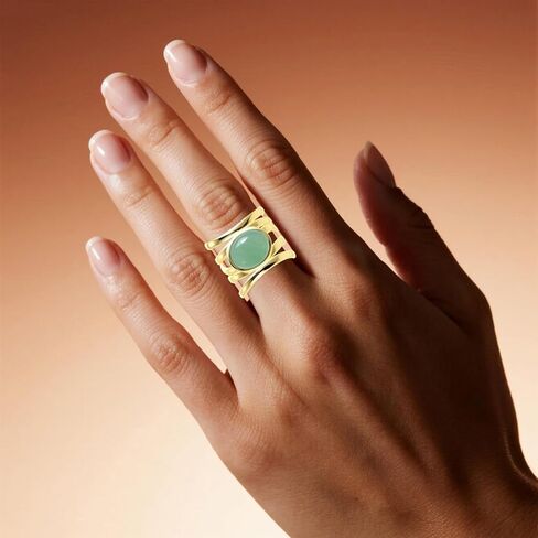 Natural Stone Ring,Yellow Gold Plated Oval Genuine Crystal Quartz Gemstone Multi Lines Full Finger Wide Band Statement Chunky Band Ring for Women in Saudi Arabia