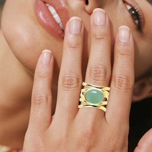 Natural Stone Ring,Yellow Gold Plated Oval Genuine Crystal Quartz Gemstone Multi Lines Full Finger Wide Band Statement Chunky Band Ring for Women in Saudi Arabia