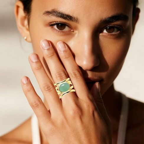 Natural Stone Ring,Yellow Gold Plated Oval Genuine Crystal Quartz Gemstone Multi Lines Full Finger Wide Band Statement Chunky Band Ring for Women in Saudi Arabia