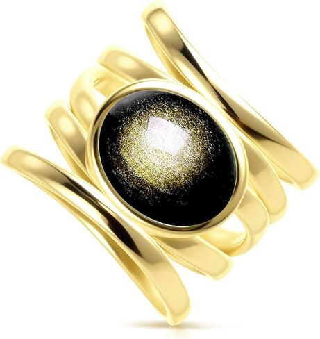Natural Stone Ring,Yellow Gold Plated Oval Genuine Crystal Quartz Gemstone Multi Lines Full Finger Wide Band Statement Chunky Band Ring for Women in Saudi Arabia