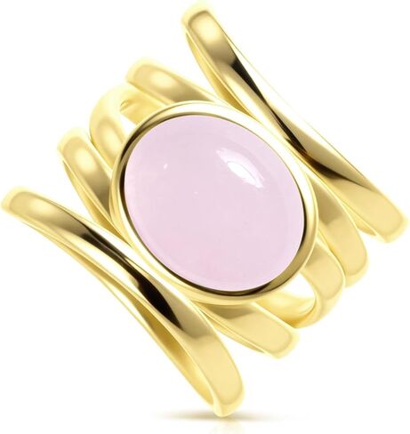 Natural Stone Ring,Yellow Gold Plated Oval Genuine Crystal Quartz Gemstone Multi Lines Full Finger Wide Band Statement Chunky Band Ring for Women in Saudi Arabia