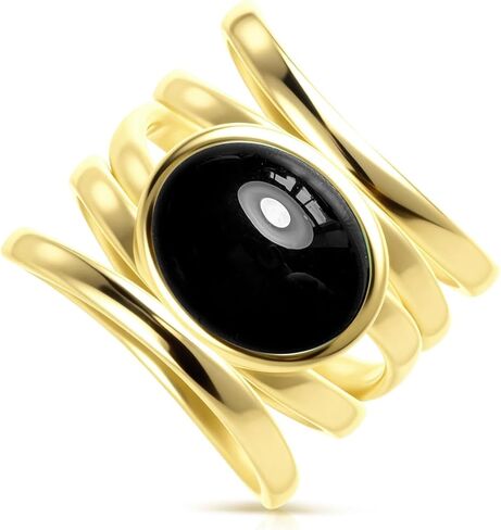 Natural Stone Ring,Yellow Gold Plated Oval Genuine Crystal Quartz Gemstone Multi Lines Full Finger Wide Band Statement Chunky Band Ring for Women in Saudi Arabia