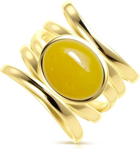 Natural Stone Ring,Yellow Gold Plated Oval Genuine Crystal Quartz Gemstone Multi Lines Full Finger Wide Band Statement Chunky Band Ring for Women in Saudi Arabia