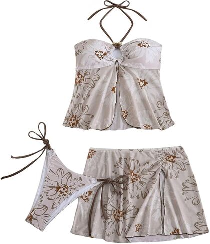 OYOANGLE Women's 3 Piece Swimsuit Floral Mesh Halter String Bikini Set with Cover Up Beach Skirts in Saudi Arabia
