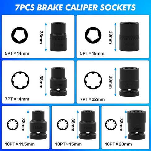 مجموعة لقم ومقبس فرجار فرامل محرك 16 قطعة مقاس 1/2 بوصة، فولاذ CR-MO بدرجة احترافية، تتضمن 5PT 7PT 10PT Spline، M14 M18 ومآخذ سداسية in Kuwait