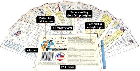 بطاقات المفاهيم للأستاذ نانو في مدرسة الجبر الثانوية 2 || 4x7.11 بوصة، مجموعة من 11 || ورقة الغش، دراسة سريعة in Kuwait