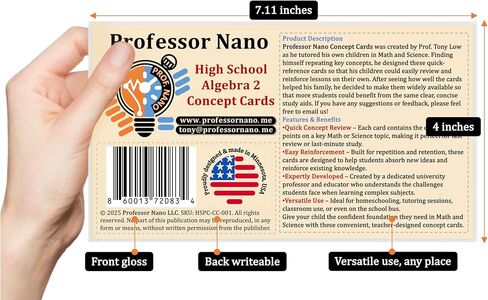 بطاقات المفاهيم للأستاذ نانو في مدرسة الجبر الثانوية 2 || 4x7.11 بوصة، مجموعة من 11 || ورقة الغش، دراسة سريعة in Kuwait
