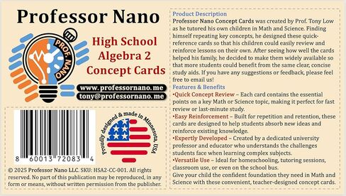 بطاقات المفاهيم للأستاذ نانو في مدرسة الجبر الثانوية 2 || 4x7.11 بوصة، مجموعة من 11 || ورقة الغش، دراسة سريعة in Kuwait