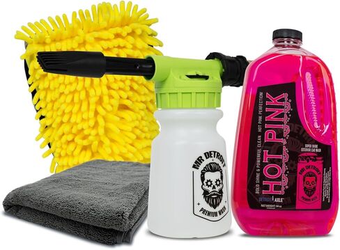 Mr. Detroit - 4pc Car Wash Kit with Foam Blaster, 64oz Car Wash Soap, Chenille Car Wash Glove, Drying Towel, Scratch-free Foam Cannon Streak-Free Exterior Cleaning for Auto Detailing & Home Use in Saudi Arabia