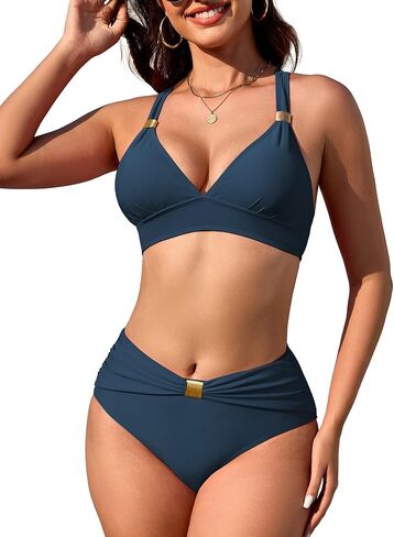 swimall Womens High Waisted Ruched Bikini Sets Triangle Top Two Piece Swimsuit Halter Metal Rings Bathing Suit. in Kuwait