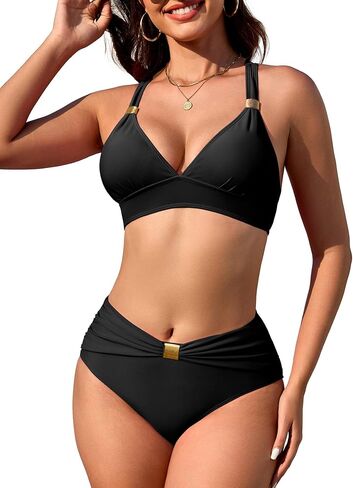 swimall Womens High Waisted Ruched Bikini Sets Triangle Top Two Piece Swimsuit Halter Metal Rings Bathing Suit. in Saudi Arabia