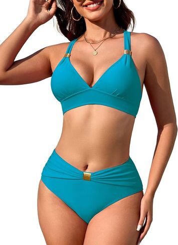 swimall Womens High Waisted Ruched Bikini Sets Triangle Top Two Piece Swimsuit Halter Metal Rings Bathing Suit. in Saudi Arabia