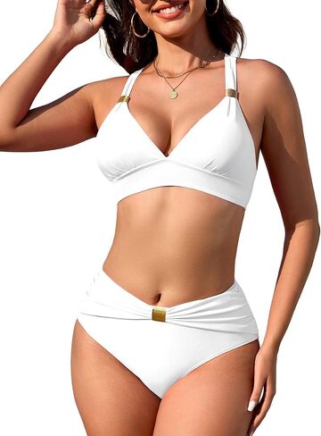 swimall Womens High Waisted Ruched Bikini Sets Triangle Top Two Piece Swimsuit Halter Metal Rings Bathing Suit. in Saudi Arabia