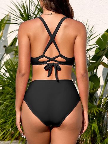 swimall Womens High Waisted Ruched Bikini Sets Triangle Top Two Piece Swimsuit Halter Metal Rings Bathing Suit. in Saudi Arabia