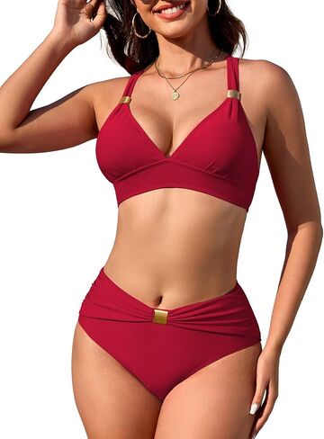 swimall Womens High Waisted Ruched Bikini Sets Triangle Top Two Piece Swimsuit Halter Metal Rings Bathing Suit. in Saudi Arabia