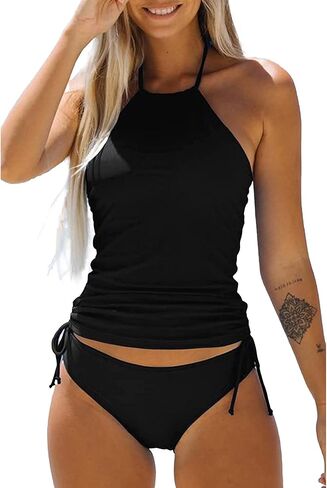 Women Two Piece Bikini Set Solid Bathing Suit Drawstring Side Tankini Set Halter Neck Crop Tops Triangle Swimsuits in Saudi Arabia