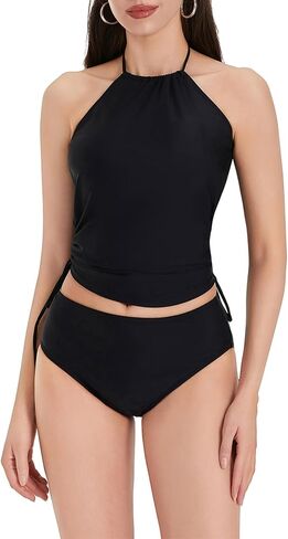 المرأتين قطعة بيكيني مجموعة الصلبة ثوب السباحة الرباط الجانب Tankini مجموعة الرسن الرقبة المحاصيل قمم مثلث المايوه in Kuwait