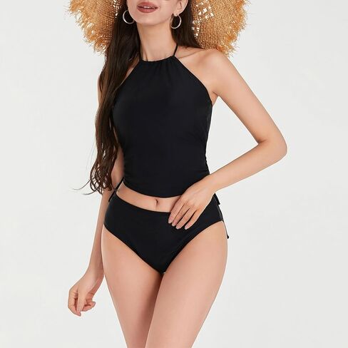 المرأتين قطعة بيكيني مجموعة الصلبة ثوب السباحة الرباط الجانب Tankini مجموعة الرسن الرقبة المحاصيل قمم مثلث المايوه in Kuwait
