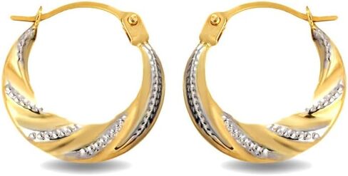 High Polish 14K Two-Tone Yellow & White Gold Beaded & Ribbed Reversible Hoop Earrings (0.50") for Women in Saudi Arabia