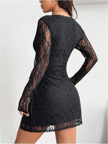 Women's Lace Ruched Bodycon Mini Dress Y2k Deep V Neck Long Sleeve Split Date Night Club Dresses in Saudi Arabia