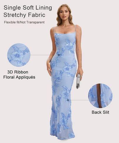 Women Summer Mesh 3D-Floral Bodycon Maxi Dress Mermaid Spaghetti Strap Wedding Guest Cocktail Party Formal Dresses in Saudi Arabia