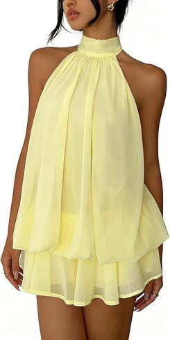 Women's Chiffon Halter Backless Ruffle Mini Dress - 2026 Summer A Line Dress for Wedding Guest, Holiday, Cocktail, Night Out in Kuwait