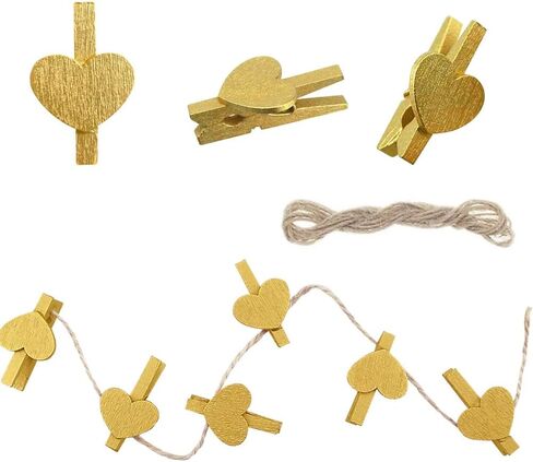 Gold Heart Clothespins Mini Wooden Clothespins with Jute Twine Small Decorative Wood Craft Clips for Pictures Photo Memo Card in Saudi Arabia