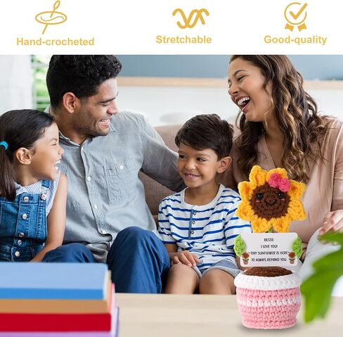 كروشيه عباد الشمس الإيجابي، ارتفاع 5.12 بوصة مصنوع يدويًا من الكروشيه بوعاء عباد الشمس مع بطاقة ملهمة لطيفة على شكل زهور محبوكة دمية عاطفية هدية لتشجيع المنزل في المكتب (Bestie) in Saudi Arabia