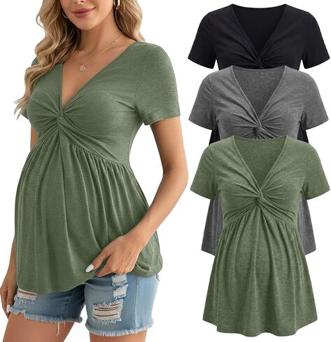 3 Pack V Neck Front Knotted Maternity Tops Short Sleeve Ruched Pregnancy Tunic Shirts Summer Casual Empire Waist Top in Saudi Arabia