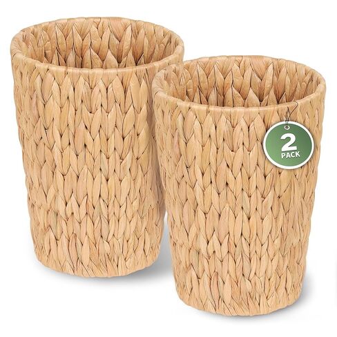 2 Pack Wicker Trash Can, Small Bathroom Trash Can, 2 Gallon Woven Natural Water Hyacinth Waste Basket for Bedroom, Boho Garbage Can for Decor Home Kitchen Living Room Office (Round) in Saudi Arabia