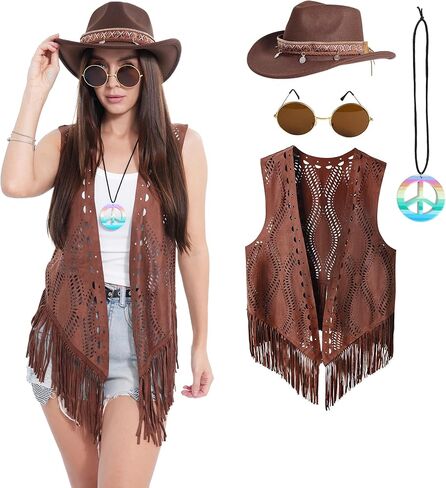 Leadtex Women's Fringe Hippie Vest 60s 70s Outfits for Women Disco Hippie Costume Faux Suede Tassel Jacket for Disco Party in Kuwait