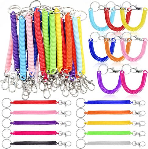 MAQUITA 100 Pcs Coil Lanyard Bulk Retractable Spring Spiral Wrist Key Chains, Stretchy Key Ring Safety Anti Lost Cord with Lobster Clasp for Keys, Wallet, Cellphone, Multi Color in Saudi Arabia