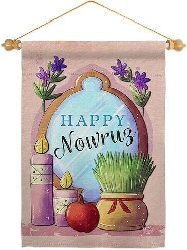 Nowruz Celebration Flag Wall Scroll Wood Dowel Set Tapestry Indoor Poster Home Decor Kitchen Room Door Hanging Iranian Decorcations Porch Sign for House Persian New Year Gifts Made in USA in Kuwait