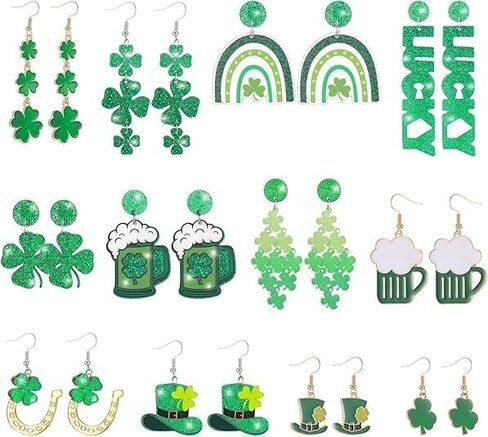 JALEBI 12 Pairs St Patrick's Day Earrings for Women, Glitter Irish Shamrock Acrylic Earring Jewelry Set Layered Tassel Green Hat Horseshoe Earring Lucky 4 Leaf Petal Cute Studs for Irish Festival Gift in Saudi Arabia