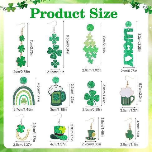 JALEBI 12 Pairs St Patrick's Day Earrings for Women, Glitter Irish Shamrock Acrylic Earring Jewelry Set Layered Tassel Green Hat Horseshoe Earring Lucky 4 Leaf Petal Cute Studs for Irish Festival Gift in Saudi Arabia