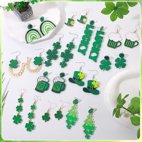 JALEBI 12 Pairs St Patrick's Day Earrings for Women, Glitter Irish Shamrock Acrylic Earring Jewelry Set Layered Tassel Green Hat Horseshoe Earring Lucky 4 Leaf Petal Cute Studs for Irish Festival Gift in Saudi Arabia