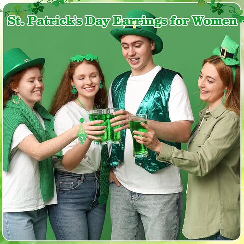 JALEBI 12 Pairs St Patrick's Day Earrings for Women, Glitter Irish Shamrock Acrylic Earring Jewelry Set Layered Tassel Green Hat Horseshoe Earring Lucky 4 Leaf Petal Cute Studs for Irish Festival Gift in Saudi Arabia