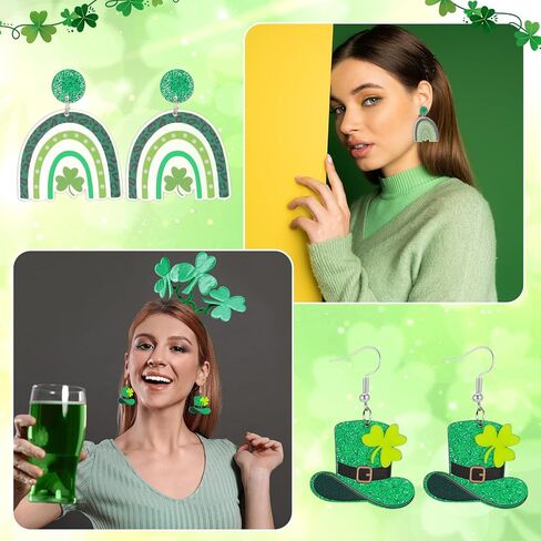 JALEBI 12 Pairs St Patrick's Day Earrings for Women, Glitter Irish Shamrock Acrylic Earring Jewelry Set Layered Tassel Green Hat Horseshoe Earring Lucky 4 Leaf Petal Cute Studs for Irish Festival Gift in Saudi Arabia